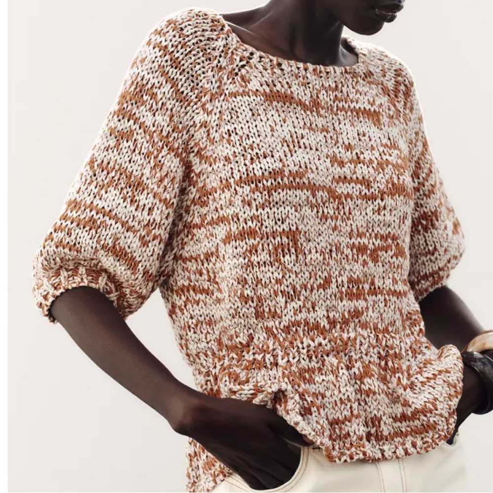 NWT ZARA BROWN AND CREAM KNIT PEPLUM TOP SZ XS